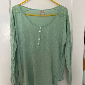 Pale green top with open weave shoulders